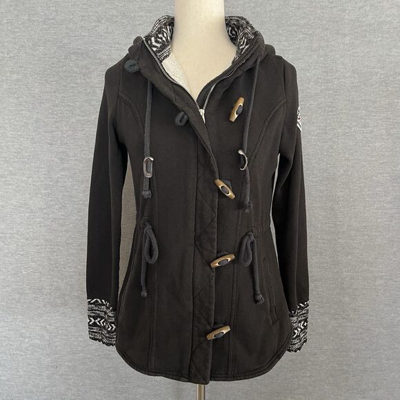 Hollister Hooded Zip Up Faux Fur Coat Size M Toggle Fair Isle Shearling Black - Picture 13 of 13